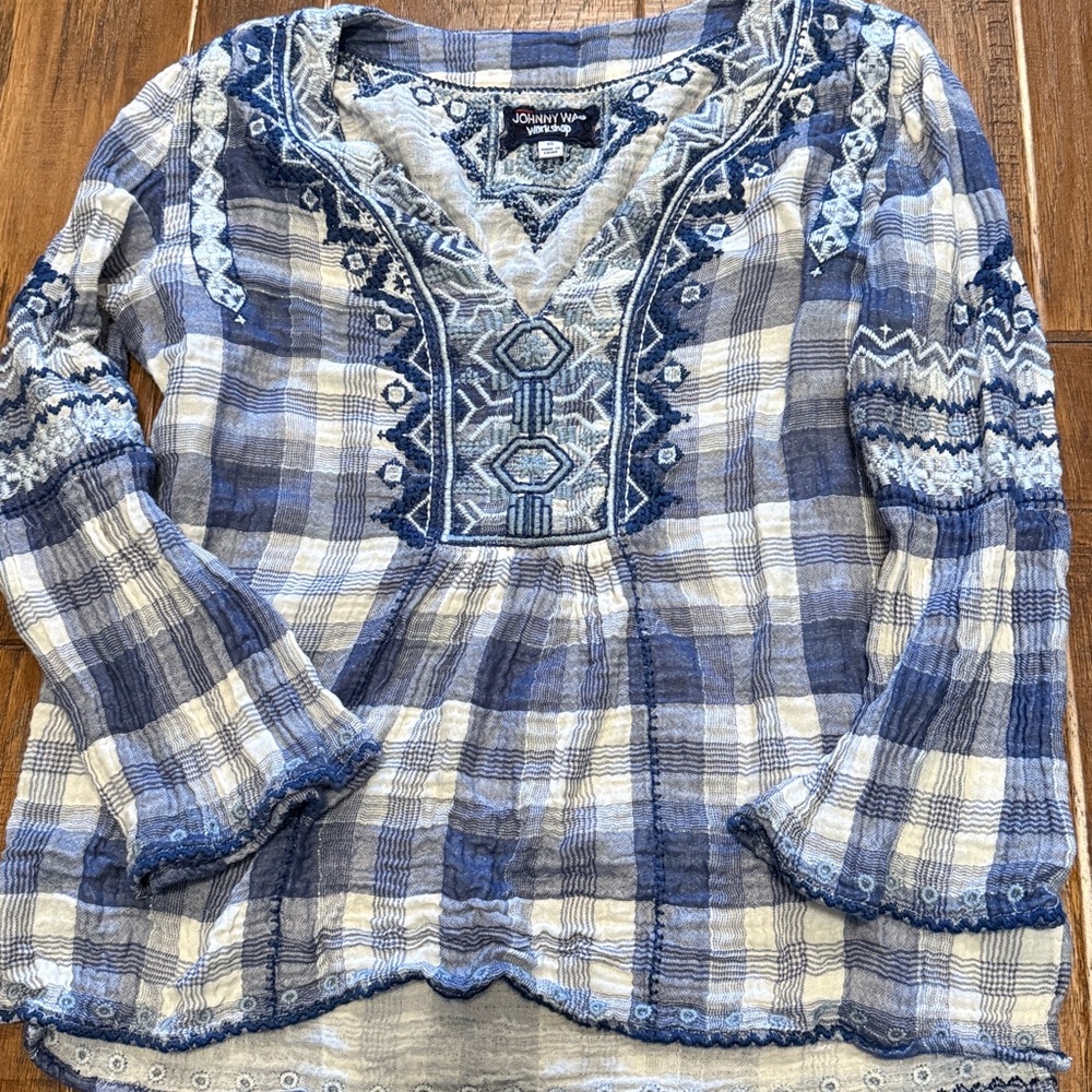 Johnny Was Blue and White Embroidered Plaid Top